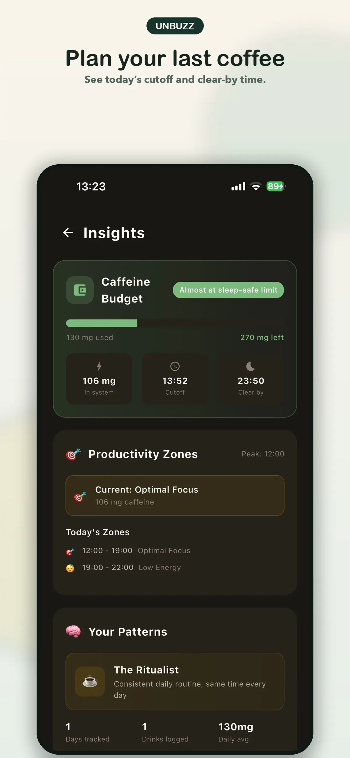 Unbuzz caffeine tracking screens from the App Store