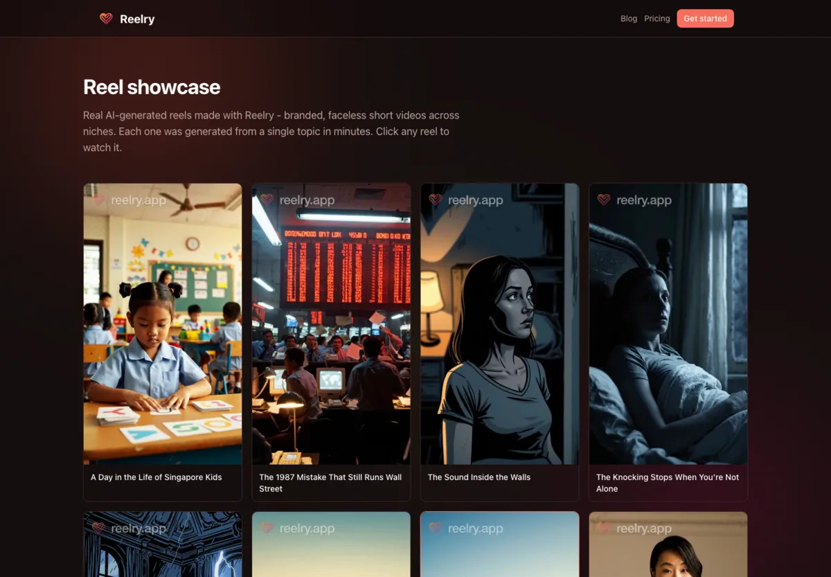 Reelry's real video showcase, with finished reels in different visual styles